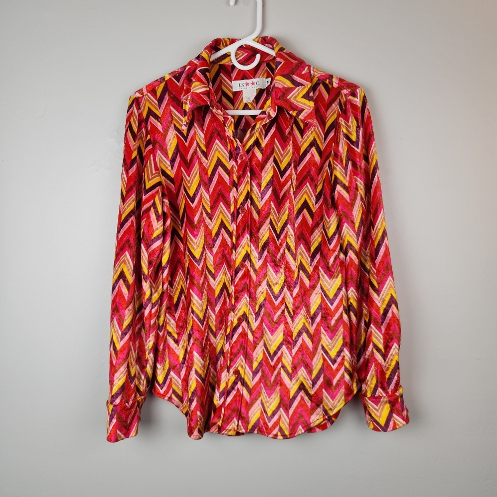 Vintage 90s Isaac Mizrahi Velour Patterned Buttonfront Shirt